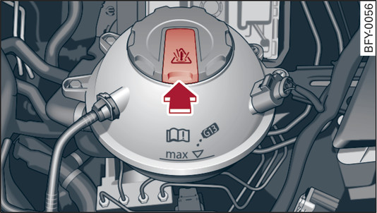 Илл. 325 Моторный отсек: кнопка деблокировки расширительного бачка охлаждающей жидкости